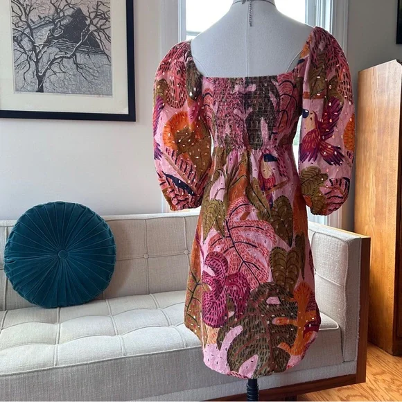 Anthropologie Kourt “Robbie” Cotton Eyelet Mini Dress, Tropical Palm Print - Picture 6 of 12